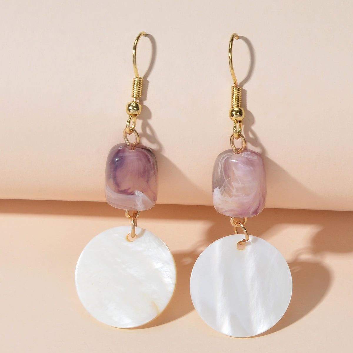 Purple Resin White Shell Round Dangle Hook Earrings Holiday Boho Chic Jewellery-0