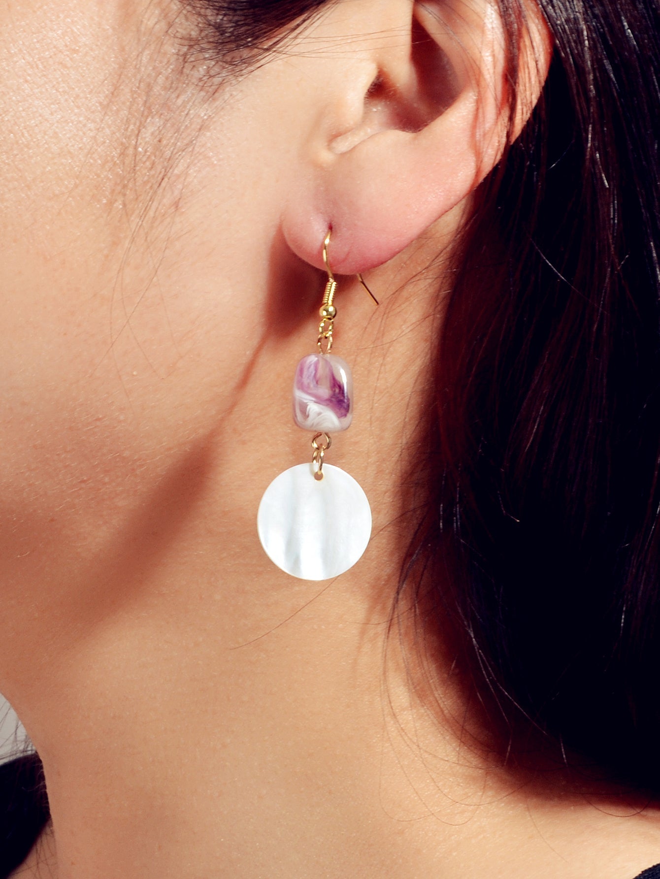 Purple Resin White Shell Round Dangle Hook Earrings Holiday Boho Chic Jewellery-1