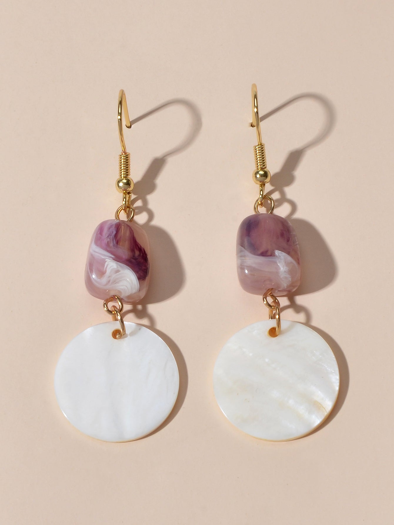 Purple Resin White Shell Round Dangle Hook Earrings Holiday Boho Chic Jewellery-2