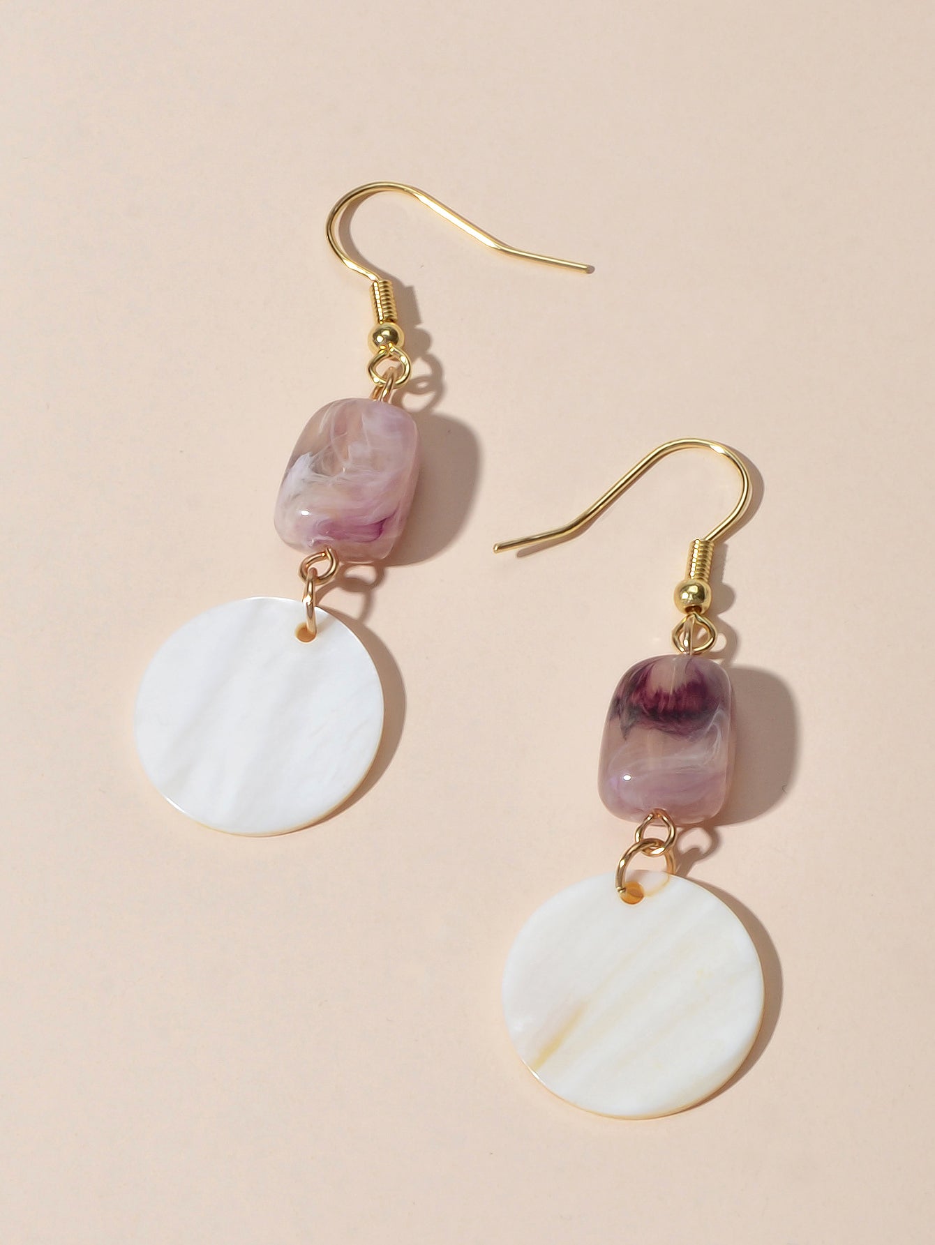 Purple Resin White Shell Round Dangle Hook Earrings Holiday Boho Chic Jewellery-3